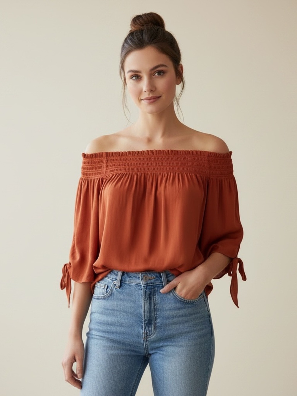 LOFT | Orange off the shoulder smocked loose modern boho blouse small petite